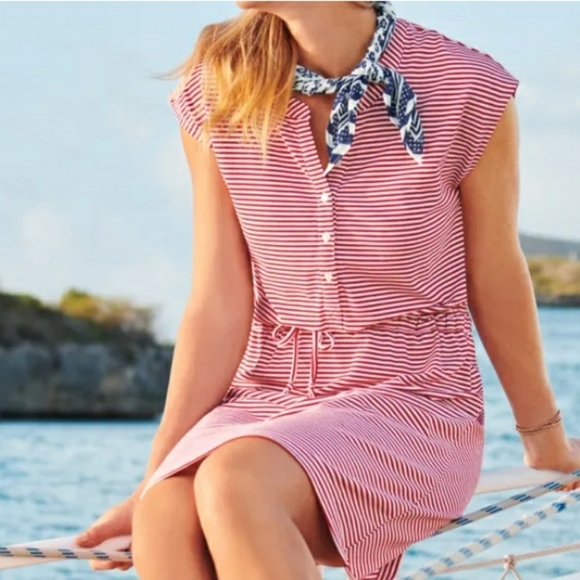 Lands' End Red and White Striped Dress Defined Waist Drawstring Stretch Small 6 - Picture 1 of 7